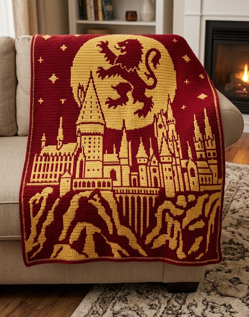 Brave Lion Crest House of Chivalry & Courage Mosaic Crochet Blanket Pattern