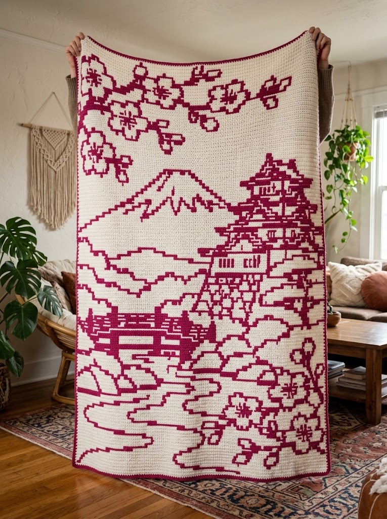 Japanese Mount Fuji & Pagoda Landscape Mosaic Crochet Blanket Pattern
