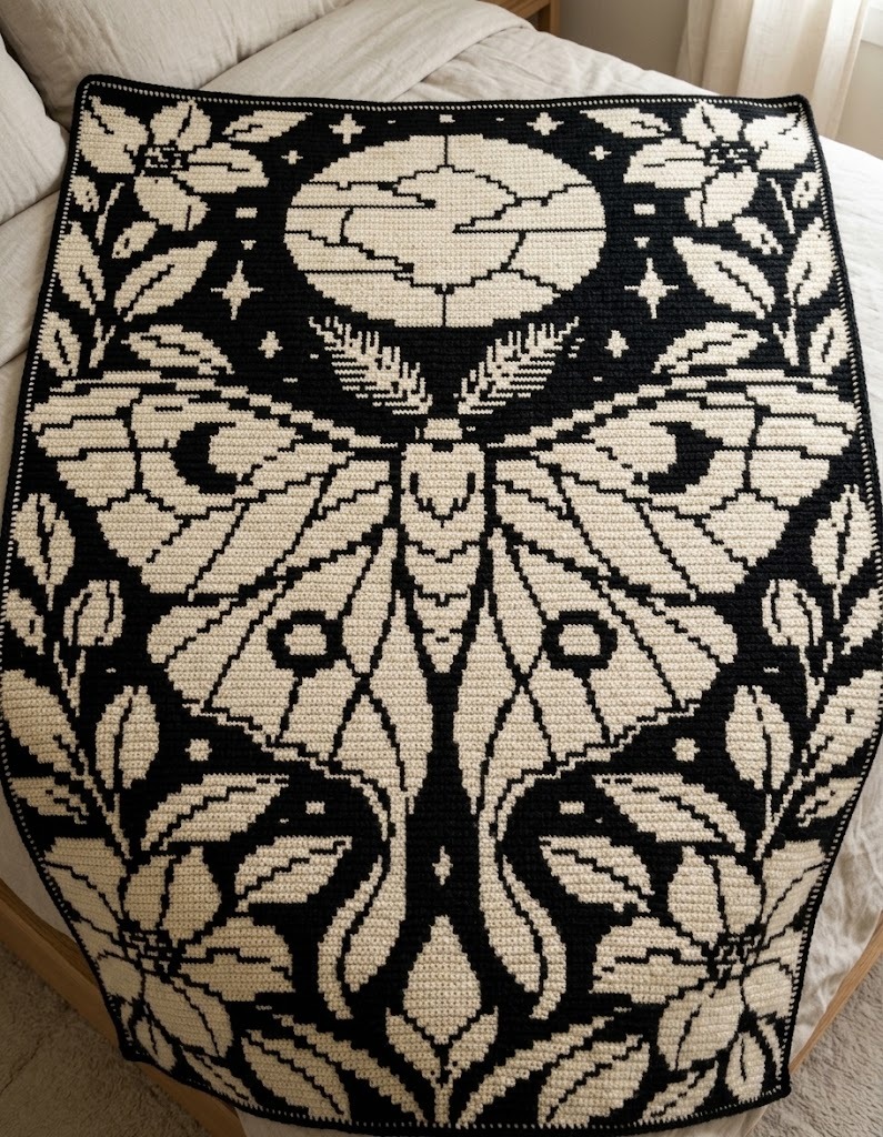 Luna Moth & Moon Phase Botanical Mosaic Crochet Blanket Pattern [Printable PDF + Chart] - Floral & Botanical Mosaic PDF Pattern with Written Instructions and Chart