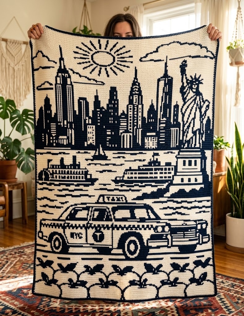 New York City Skyline & Statue of Liberty Overlay Mosaic Crochet Blanket Pattern [Printable PDF + Chart] - Landscape & Architecture Mosaic PDF Pattern with Written Instructions and Chart