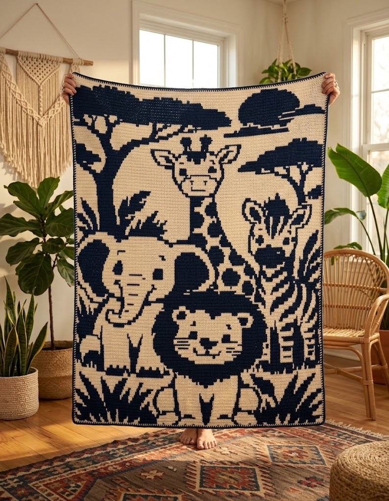 Safari Animals & Savannah Nursery Mosaic Crochet Blanket Pattern [Printable PDF + Chart] - Nature & Wildlife Mosaic PDF Pattern with Written Instructions and Chart
