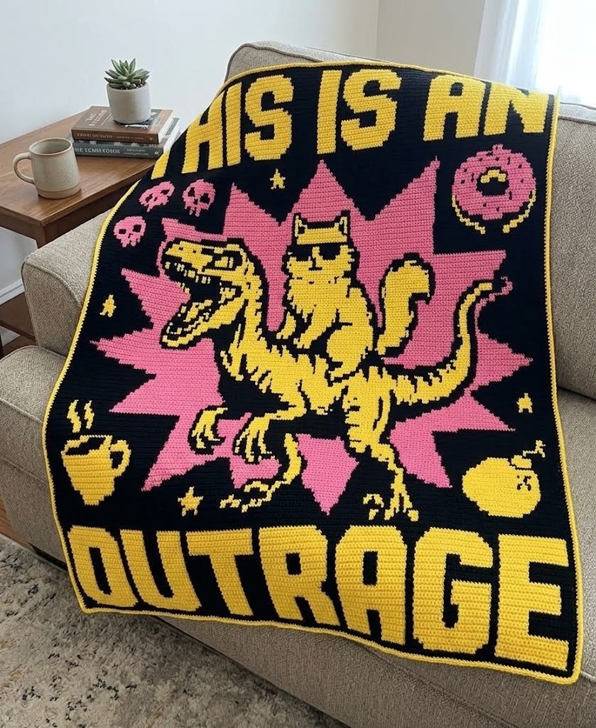 "This Is An Outrage" Princess Donut & Mongo Dinosaur Mosaic Crochet Blanket Pattern [Printable PDF + Chart] - Fantasy Mosaic Crochet PDF Pattern with Written Instructions and Chart