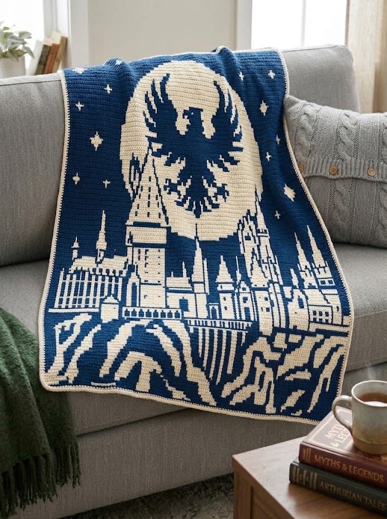 Wise Eagle Crest House of Wit & Bronze Mosaic Crochet Blanket Pattern