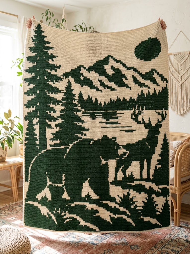 Woodland Forest Bear & Stately Stag Overlay Mosaic Crochet Blanket Pattern